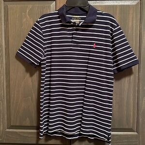Boys Navy & White striped pique polo golf shirt 14/16